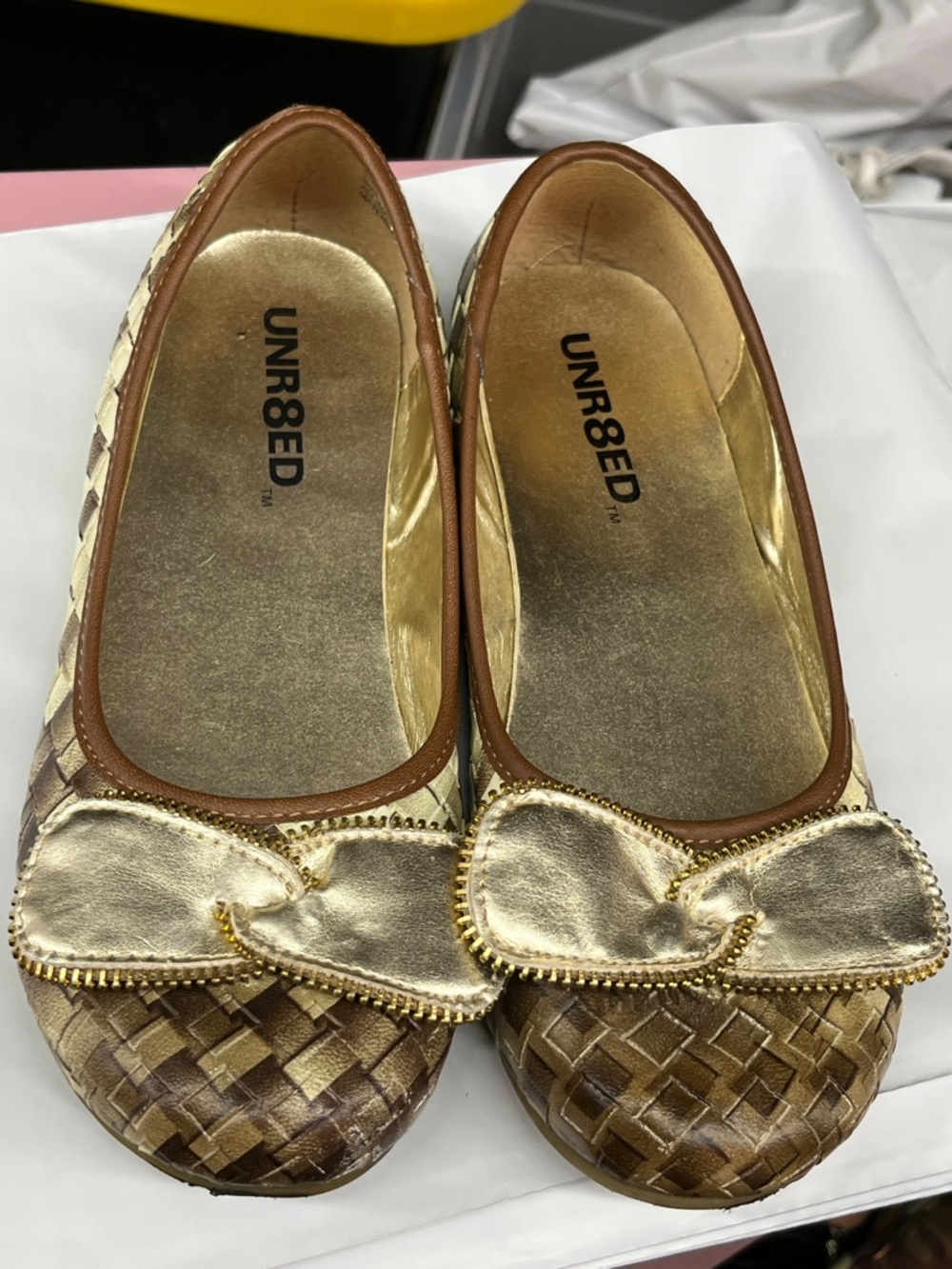 UNR8ED Women's Gold and Brown Woven Ballet Flats with Bow Trim